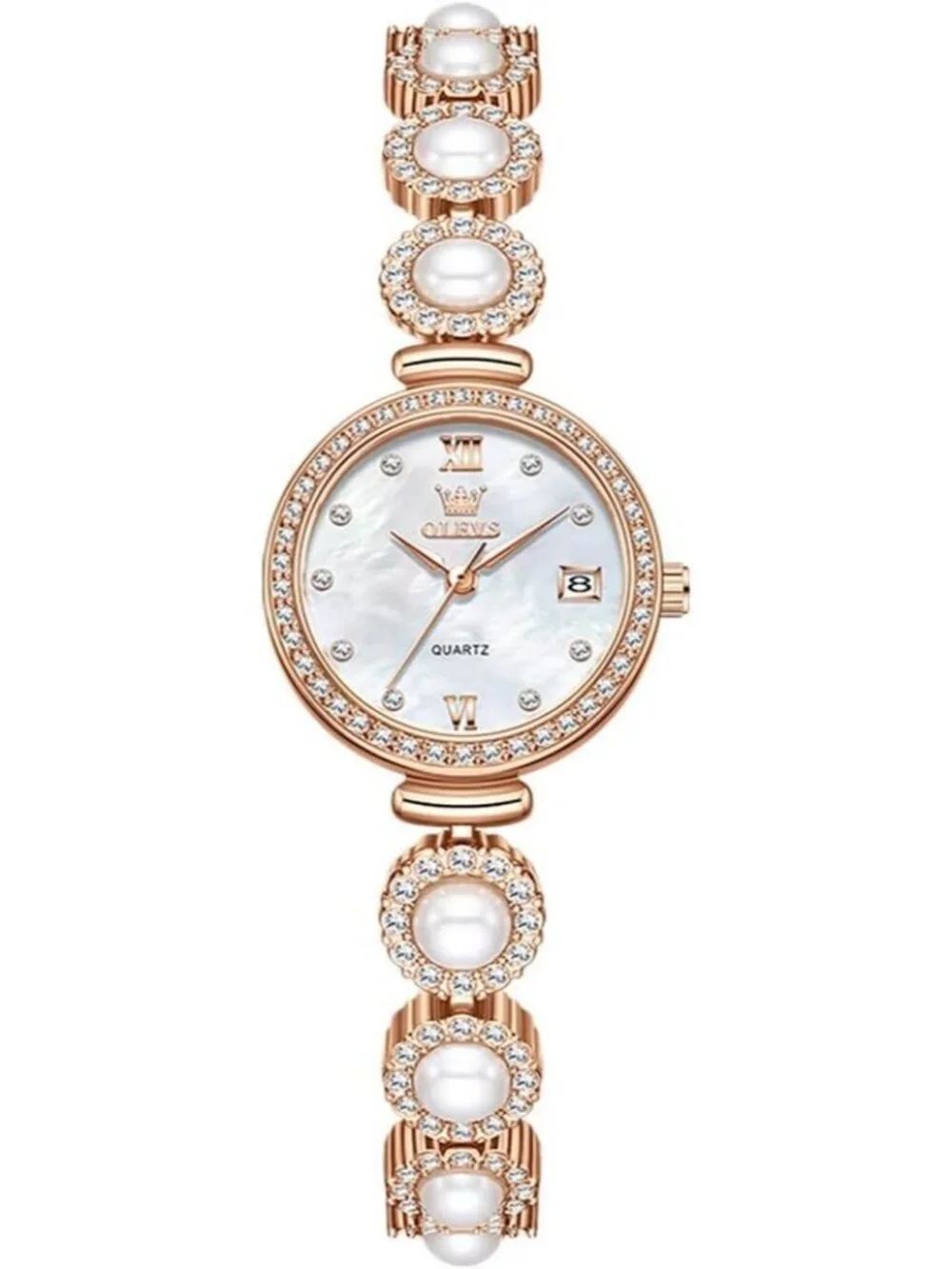 Women's Rose Gold Silver Analog Quartz Diamond Round Dial Pearl Bracelet Watch